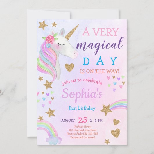 Magical Unicorn Rainbow Pastel Girl Einladung (Vorderseite)