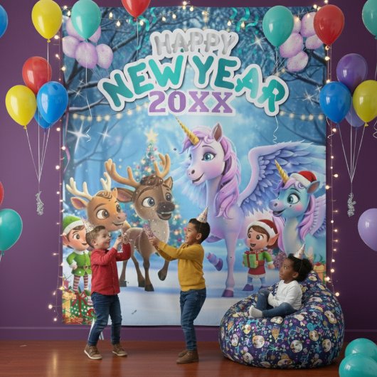 Magical Unicorn & Reindeer Kids New Year Wandteppich