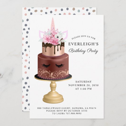 Magical Unicorn Rose Gold Chocolate Birthday Cake Einladung (Vorne/Hinten)
