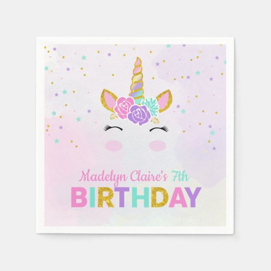 Magical Unicorn Wasserfarbe Glitzer Sterne Geburts Serviette (Vorderseite)