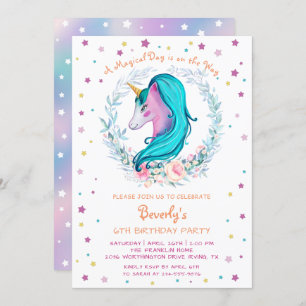 Magical Unicorn Watercolor Floral Geburtstag Einladung