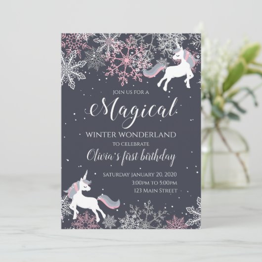 Magical Unicorn Winter Onederland Einladung zum Ge (Stehend Vorderseite)