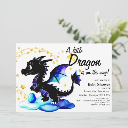 Magical Watercolor Dragon Boy Baby Dusche Einladung (Stehend Vorderseite)