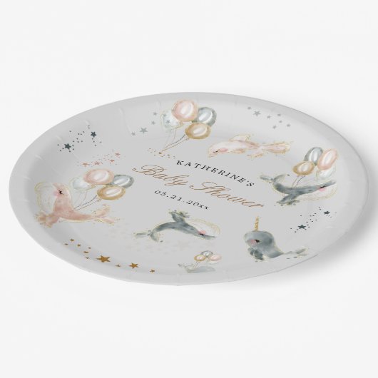 Magical Whales Balloons Stars Baby Dusche Pappteller (Schrägansicht)