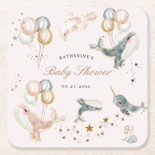 Magical Whales Balloons Stars Baby Dusche Rechteckiger Pappuntersetzer (Vorderseite)