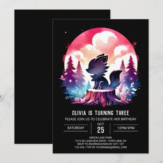 Magical Whimsy Wolf Birthday Einladung (Vorne/Hinten)