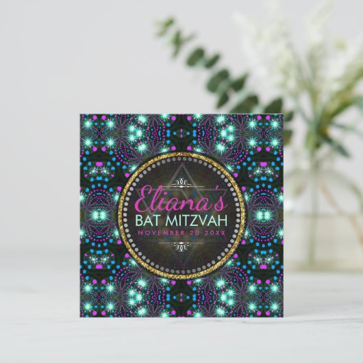 Magical Winter Sparkle Bat Mitzvah Einladung (Stehend Vorderseite)