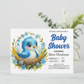 Magical Woodland Blue Bird Boy Baby Dusche Einladung (Stehend Vorderseite)