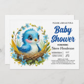 Magical Woodland Blue Bird Boy Baby Dusche Einladung (Vorne/Hinten)