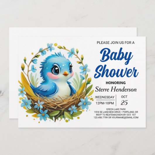 Magical Woodland Blue Bird Boy Baby Dusche Einladung (Vorne/Hinten)