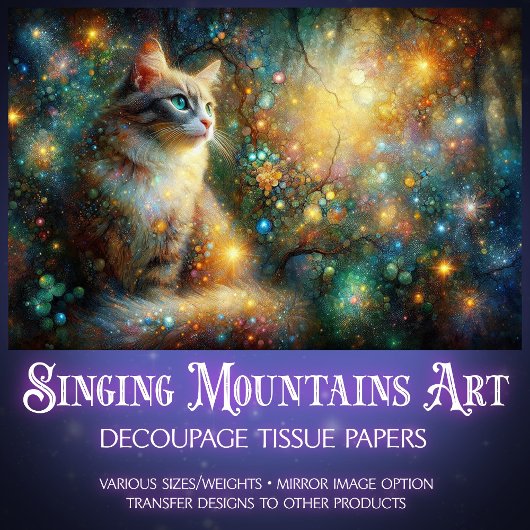 Magical Woodland Cat Fantasy Floral Decoupage  Seidenpapier