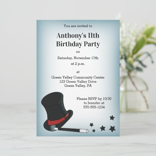 Magician Hat Magic zeigt Party für ältere Kinder Einladung (Stehend Vorderseite)