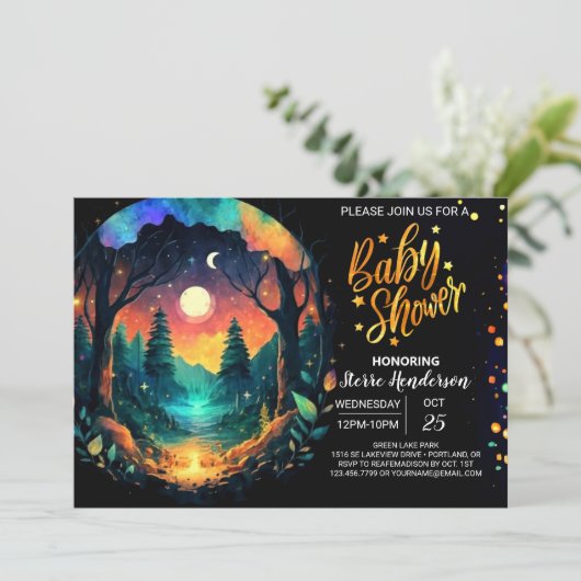 Magisch in die Woods Timberland Babydusche Einladung (Stehend Vorderseite)