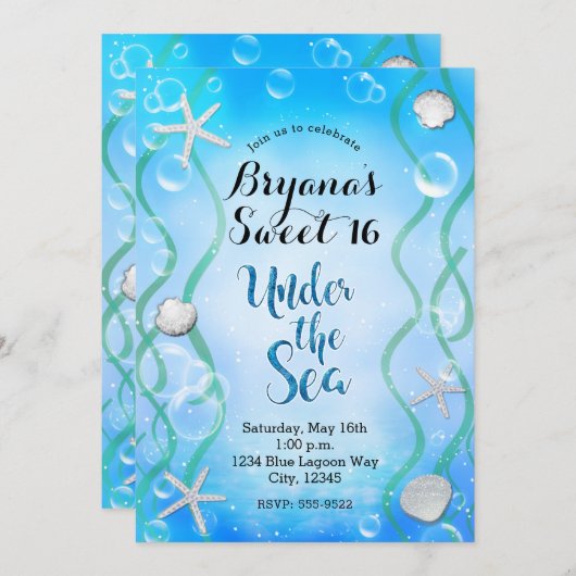 Magisch unter dem Meer Aqua Blue Sweet 16 Geburtst Einladung (Vorne/Hinten)