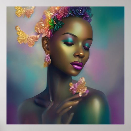 Magische Afrikanische Regenbogenschmetterlingsfrau Poster (Vorne)