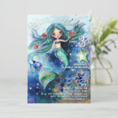 Magische Aquarellmaid unter dem Meer Geburtstag Einladung (Stehend Vorderseite)