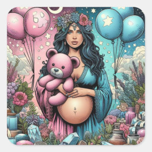 Magische Babydusche Gender Reveal Balloon Quadratischer Aufkleber