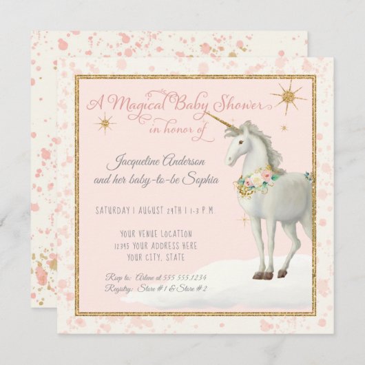 Magische Babydusche Unicorn Cloud Star Boho Floral Einladung (Vorne/Hinten)