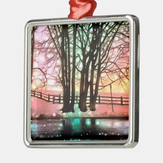 Magische Bäume auf einer Hillside des Snowy Delawa Ornament Aus Metall (Links)
