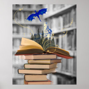 Magische Bücher mit Drachen und Burgposter Poster