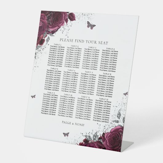 Magische Burgunder-Rose Hochzeitsdiagramm Sockelschild (Vorderseite)