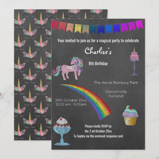 Magische Chalkboard Einhorn Süßigkeiten 2 Geburtst Einladung (Vorne/Hinten)