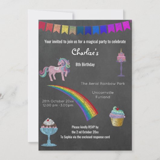 Magische Chalkboard Einhorn Süßigkeiten Geburtstag Einladung (Vorderseite)