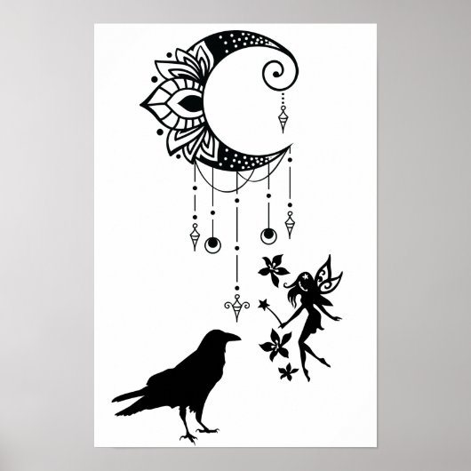 Magische Crescent Moon, Fairy und Crow Fantasie Poster (Vorne)