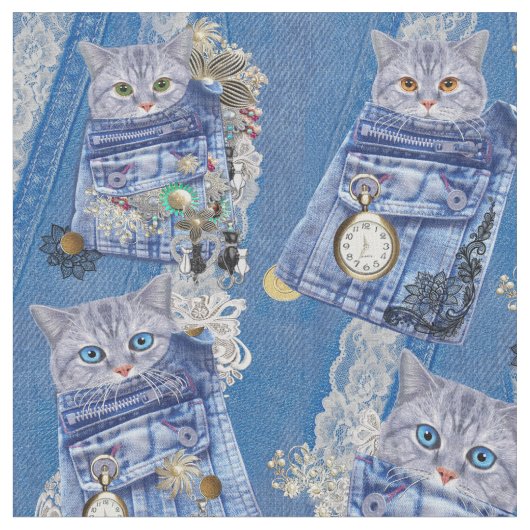 Magische Denim-Taschen und -Kätzchen Stoff (Nahaufnahme)