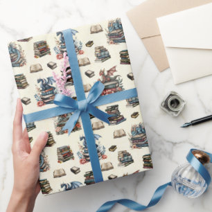 Magische Drachen & Bücher auf Hellgelb Geschenkpapier