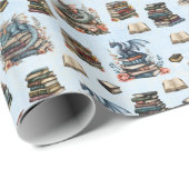 Magische Drachen und Bücher auf Hellblau Geschenkpapier (Rolleneckpunkt)