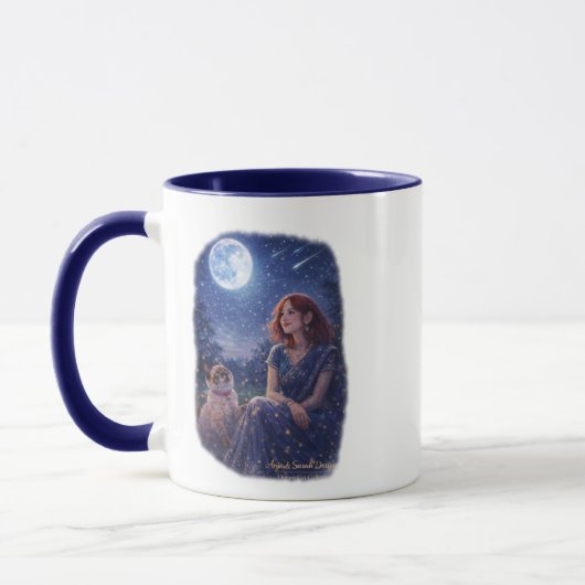 Magische Dream Cat - Mädchen mit Katze unterm Mond Tasse (Links)