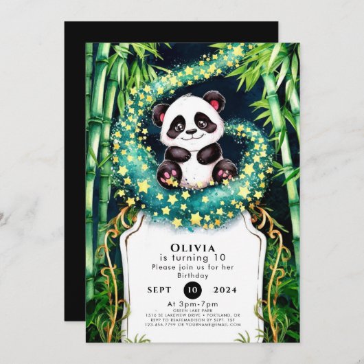Magische einfache Kinder Panda Geburtstag Einladung (Vorne/Hinten)