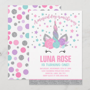 Magische Einhorn Geburtstag Einladung Rosa & Silbe