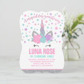 Magische Einhorn Geburtstag Einladung Rosa & Silbe (Stehend Vorderseite)