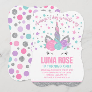 Magische Einhorn Geburtstag Einladung Rosa & Silbe