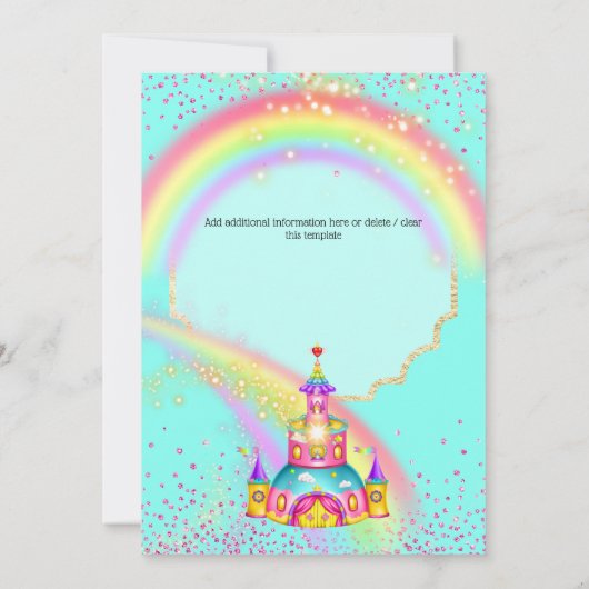 Magische Einhorn-Regenbogen-Himmel Glitzer Burg Fa Einladung (Rückseite)