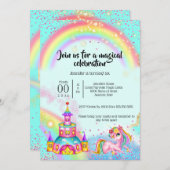 Magische Einhorn-Regenbogen-Himmel Glitzer Burg Fa Einladung (Vorne/Hinten)