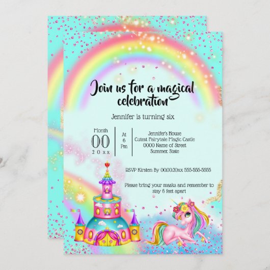 Magische Einhorn-Regenbogen-Himmel Glitzer Burg Fa Einladung (Vorne/Hinten)