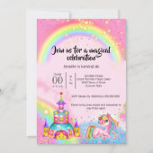 Magische Einhorn-Regenbogen-Himmel Glitzer Schloss Einladung (Vorderseite)