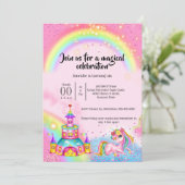Magische Einhorn-Regenbogen-Himmel Glitzer Schloss Einladung (Stehend Vorderseite)