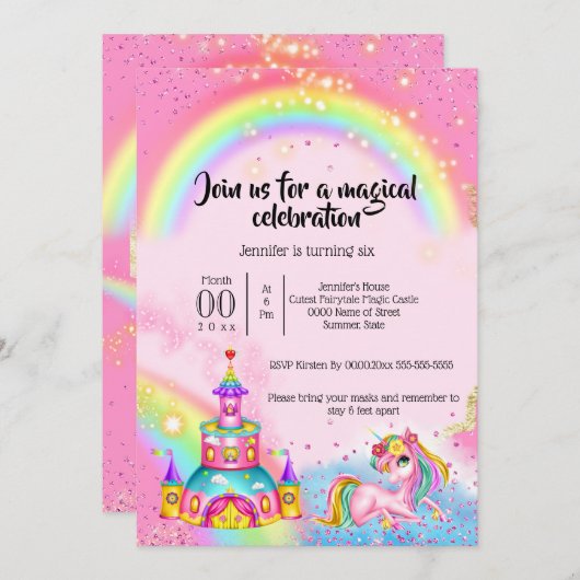 Magische Einhorn-Regenbogen-Himmel Glitzer Schloss Einladung (Vorne/Hinten)