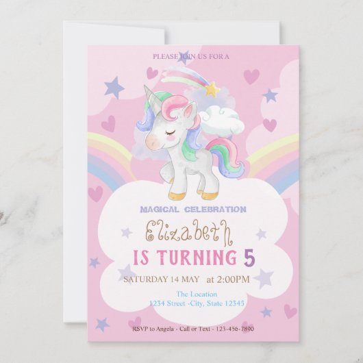 Magische Einhorn-Regenbogenstars Herzens Geburtsta Einladung (Vorderseite)