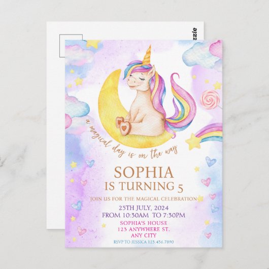 Magische Einhörner Lila Geburtstagsparty Postkarte (Vorne/Hinten)