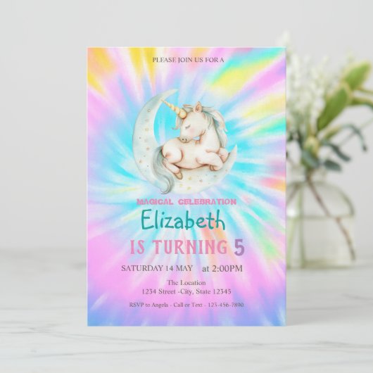 Magische Einhornmond-Regenbogen-Gefärbte Krawatte Einladung (Stehend Vorderseite)