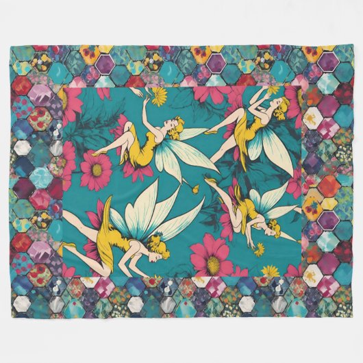 Magische Fairies und Blumenhexagon-Patchwork Fleecedecke (Vorderseite (Horizontal))