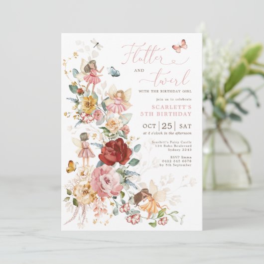 Magische Fairy Floral Garden Pixie Girls Geburtsta Einladung (Stehend Vorderseite)