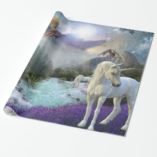 Magische Fantasie Einhorn Drachenlandschaft Geschenkpapier (Ungerollt)