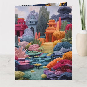 Magische Fantasie-Landschaft - Farbige Stickerei Karte