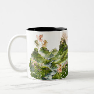 Magische Feen & Grüne Hügel Wasserfarben-Fantasie Zweifarbige Tasse